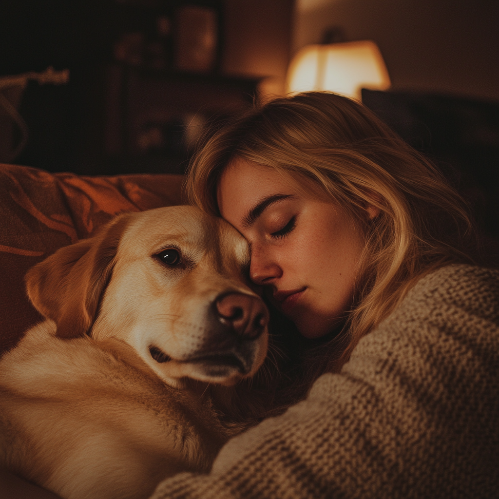 Un perro acariciando a una mujer | Fuente: Midjourney