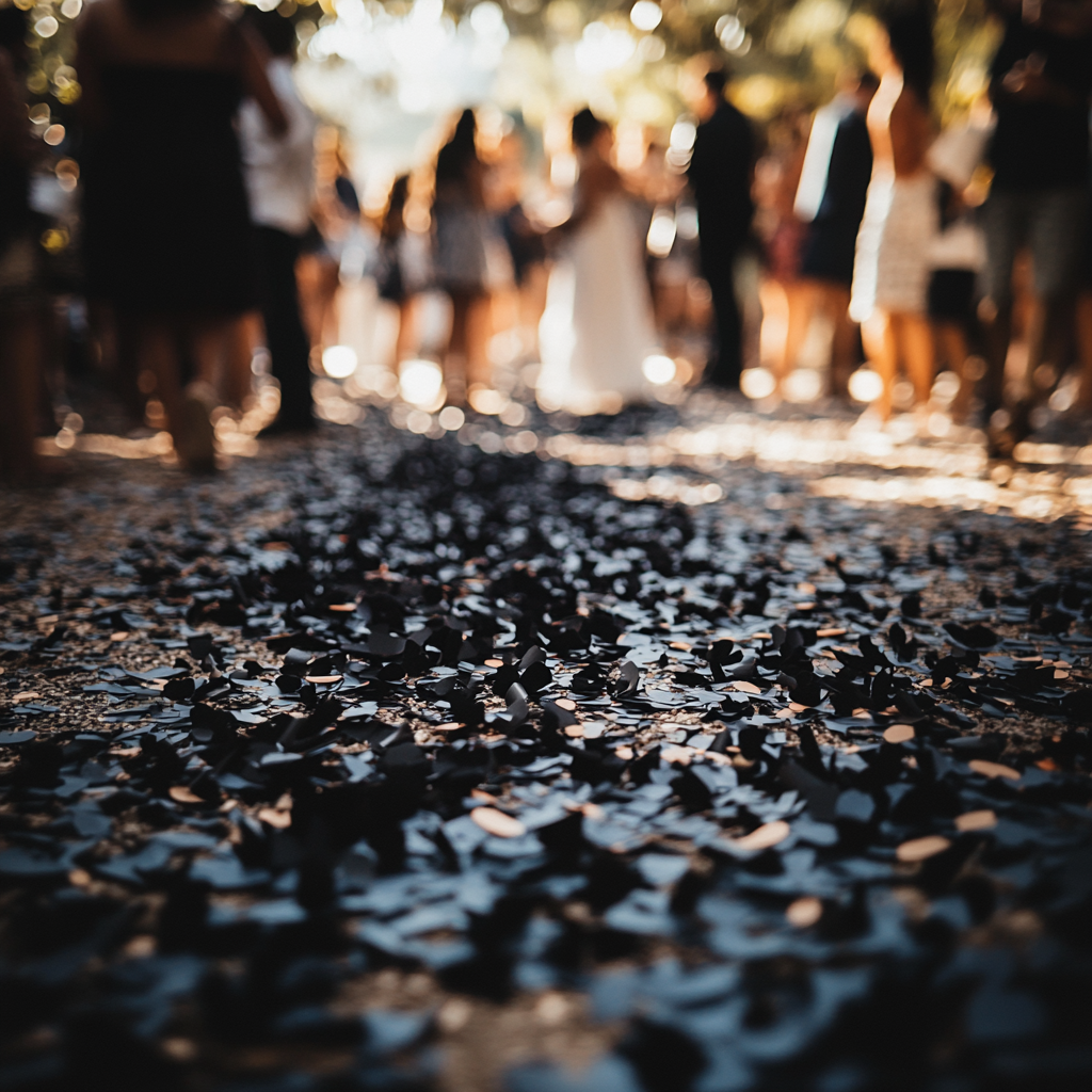 Confeti negro en el suelo durante una fiesta al aire libre | Fuente: Midjourney