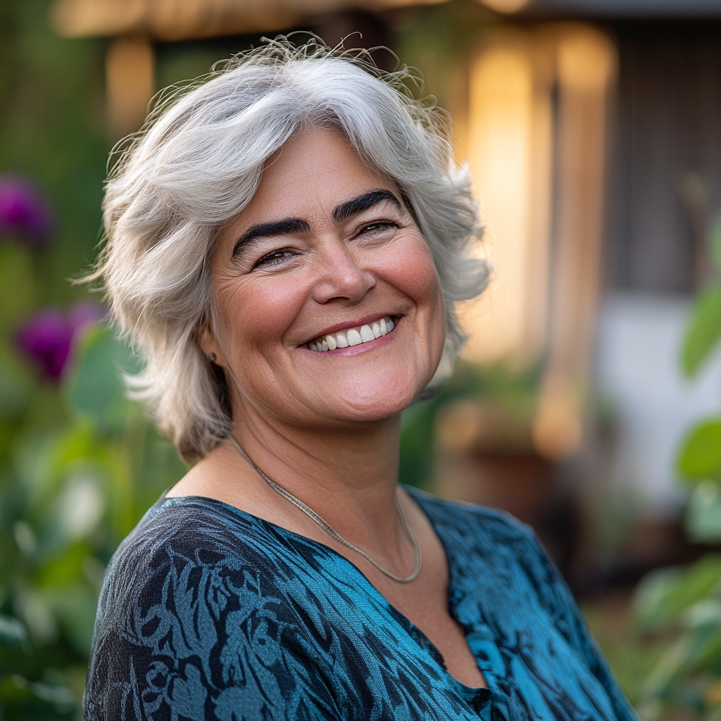 Primer plano de una mujer mayor sonriendo de pie en el jardín de su casa | Fuente: Midjourney