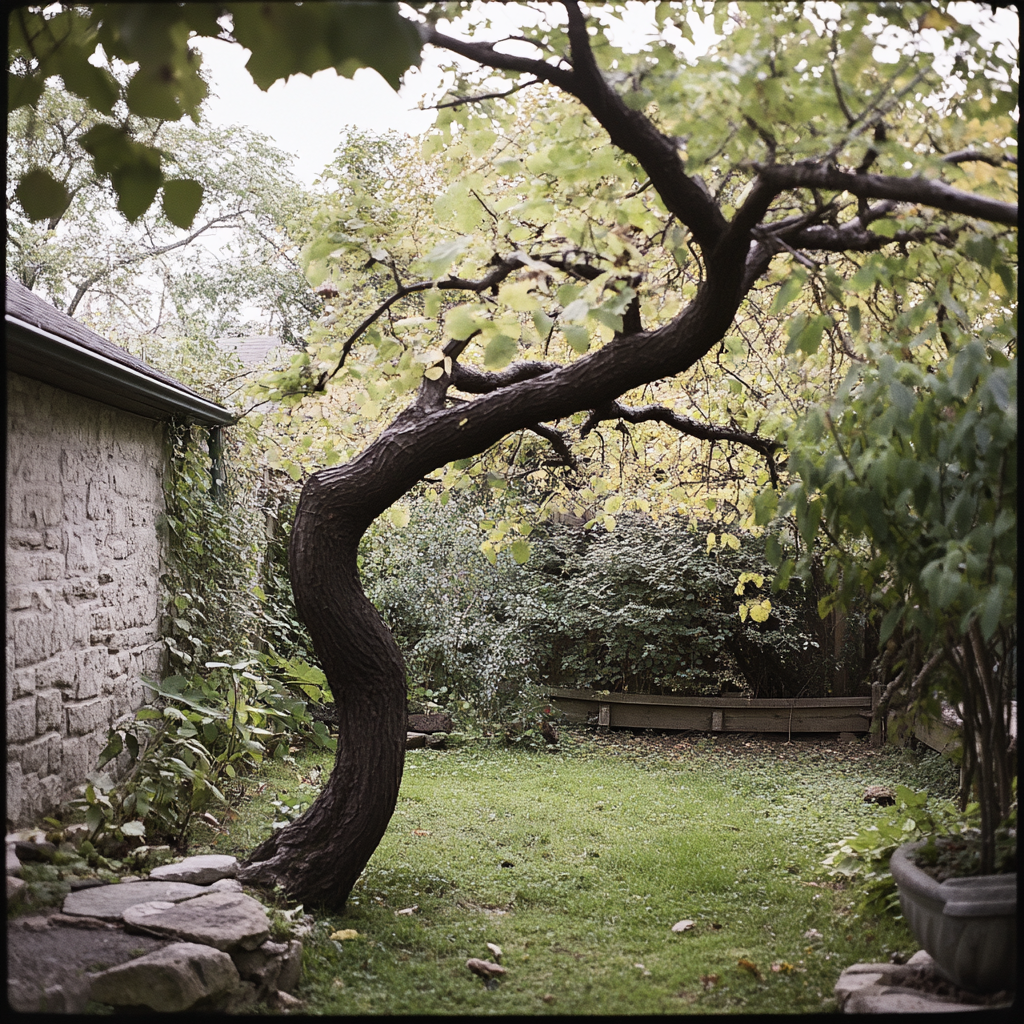 Un árbol retorcido creciendo en un patio trasero | Fuente: Midjourney