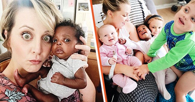 Rebekah Laskowski posa con su hija adoptiva, Goldie Mae y a la derecha está con toda su prole. | Foto: Instagram/bekahlaskowski