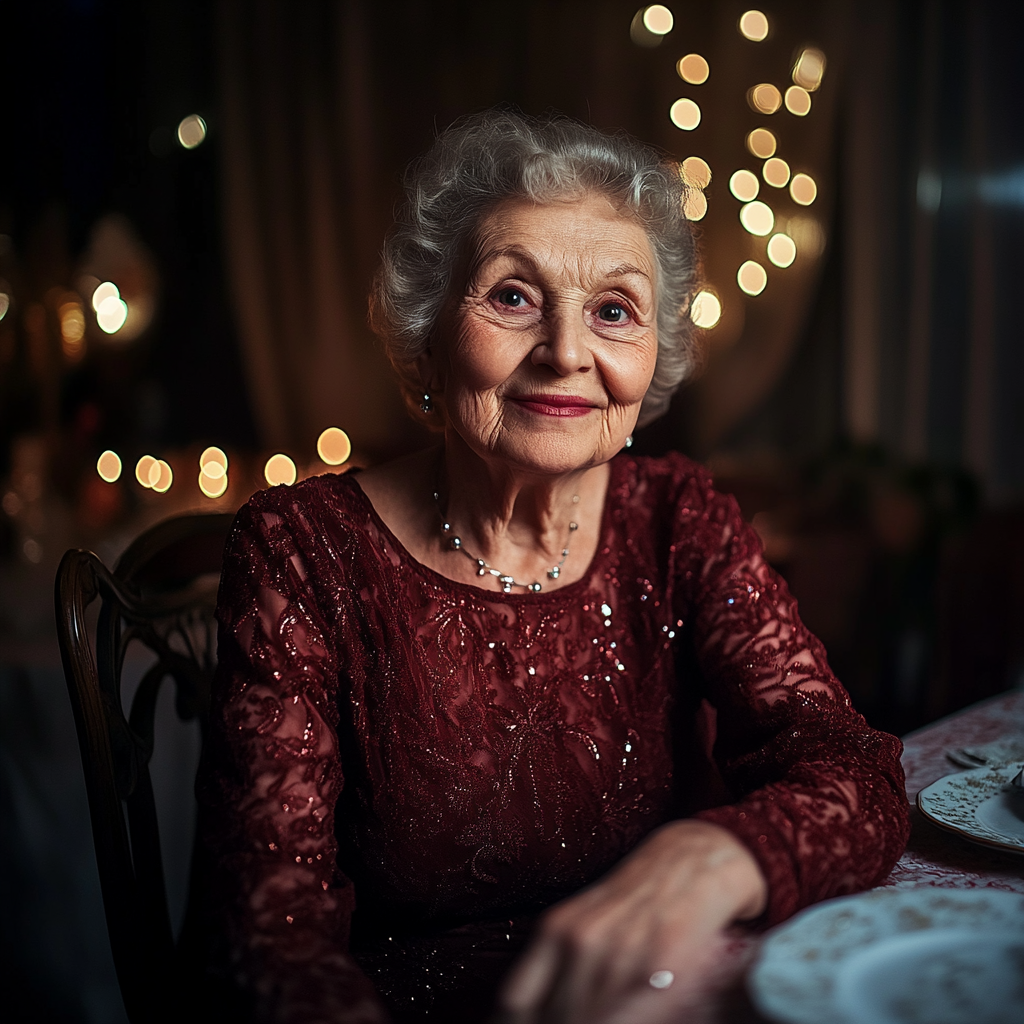 Una mujer sonriente sentada a la mesa | Fuente: Midjourney