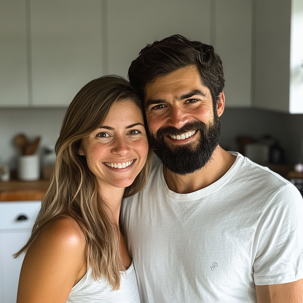 Una pareja sonriente de pie en una cocina | Fuente: Midjourney