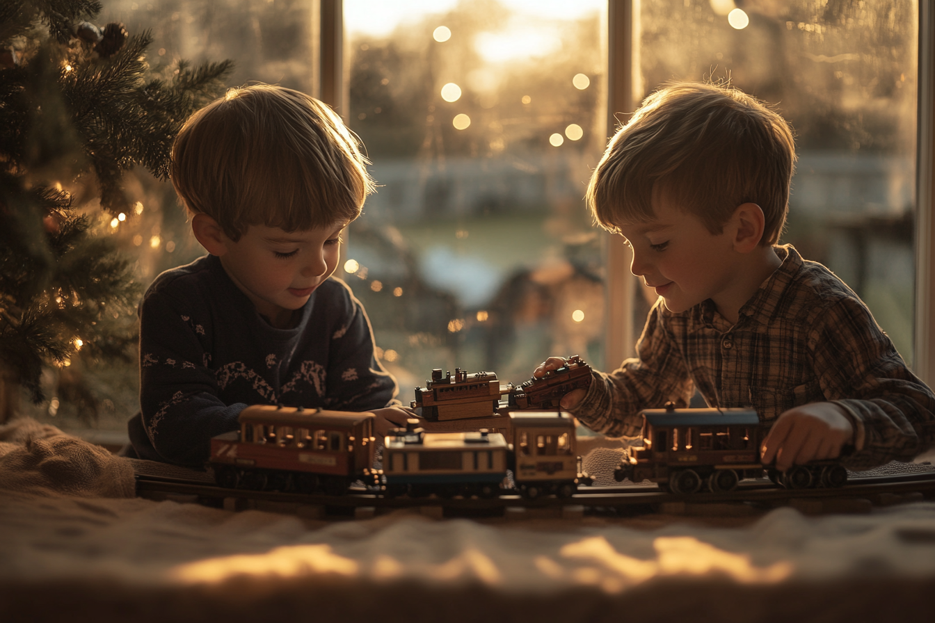 Dos niños jugando con un tren de juguete | Fuente: Midjourney