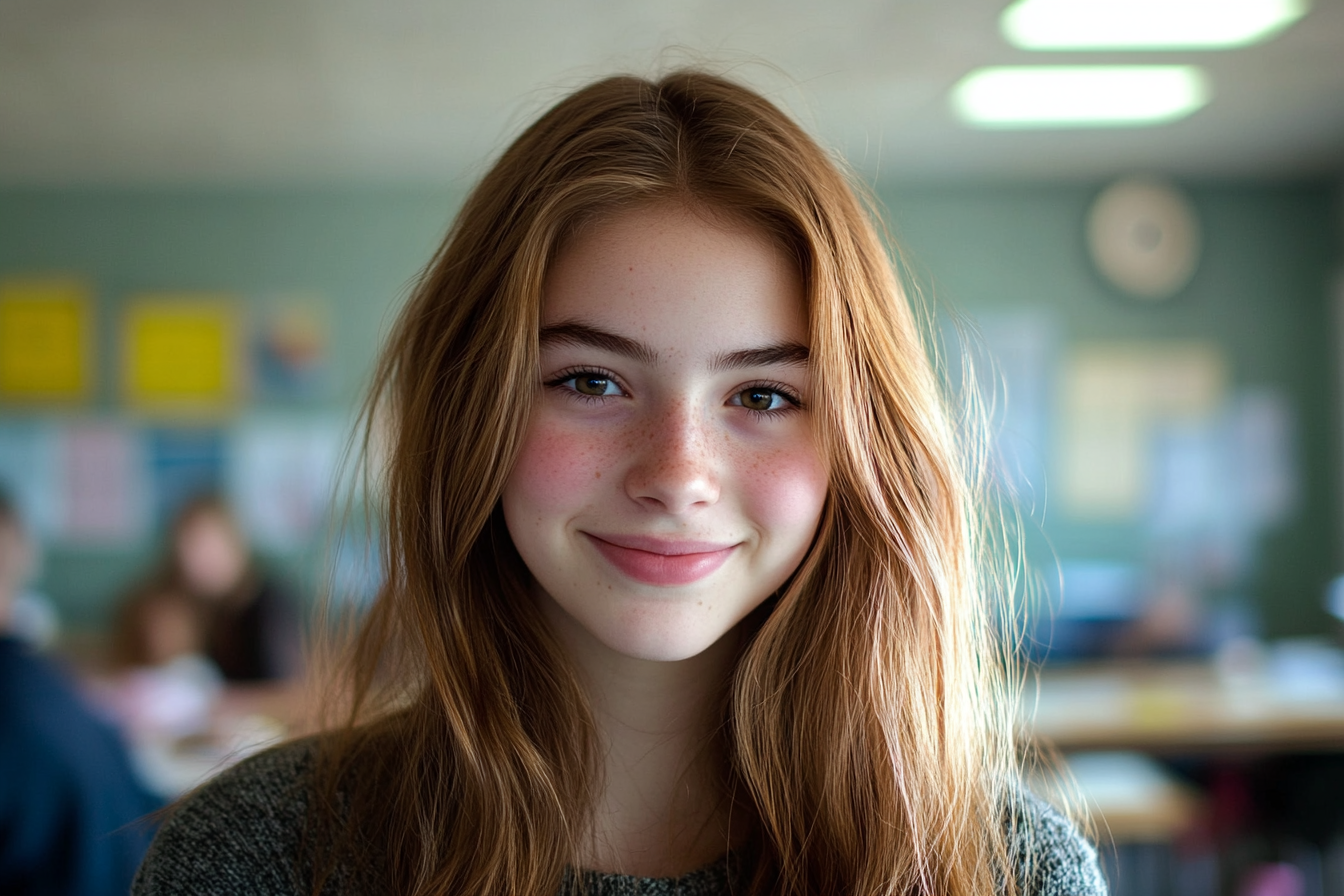 Adolescente sonriente en una clase | Fuente: Midjourney