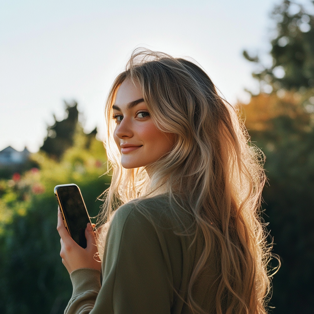 Una joven sonríe mientras sostiene su teléfono | Fuente: Midjourney