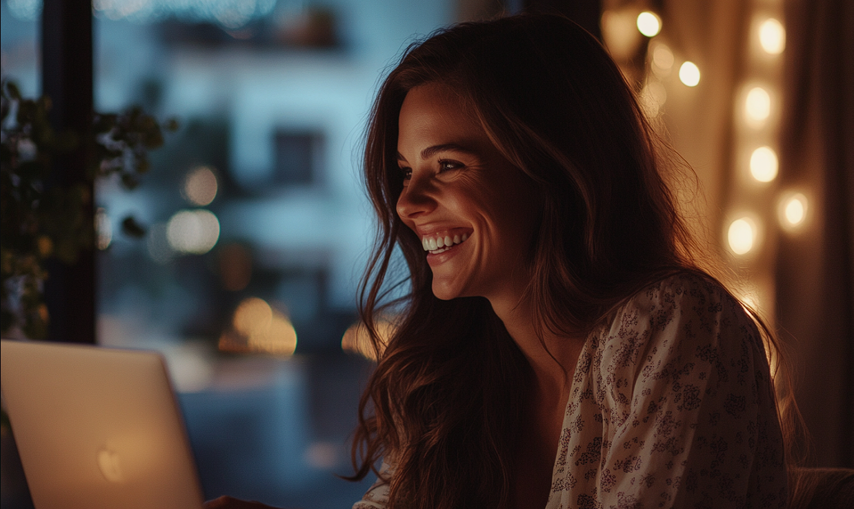 Una mujer sonriendo mientras usa su portátil | Fuente: Midjourney