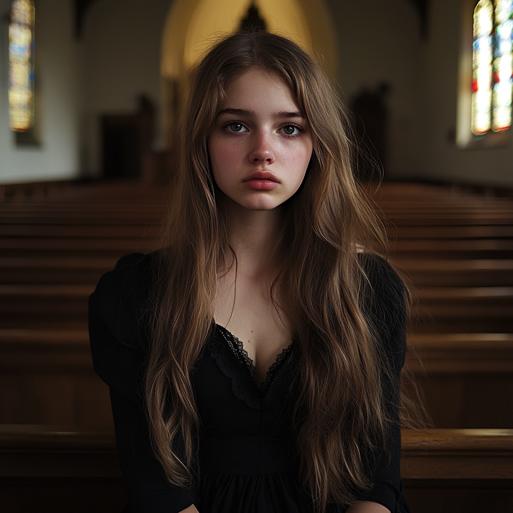 Una adolescente alterada sentada en una iglesia | Fuente: Midjourney