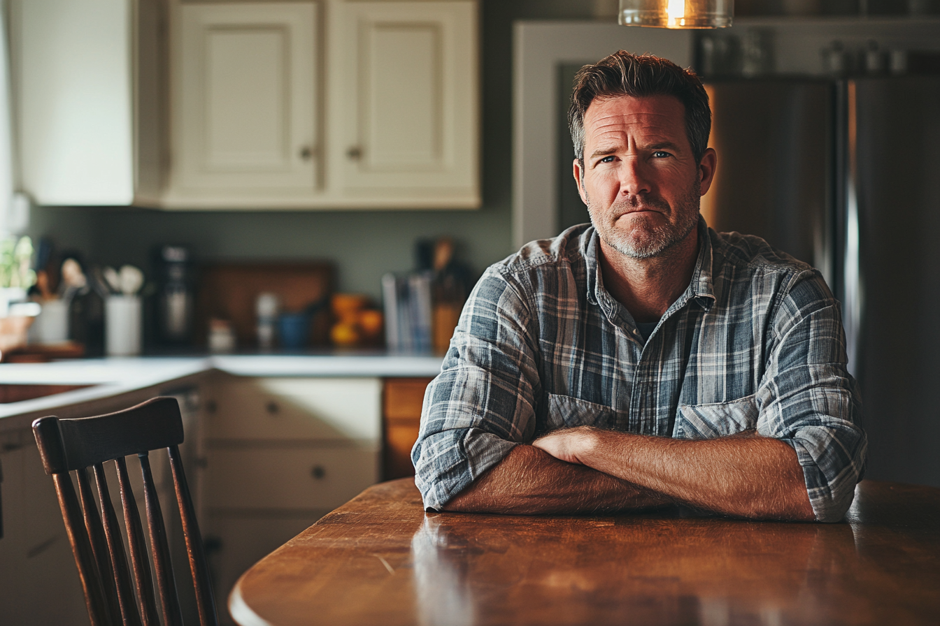 Un hombre sentado a la mesa de la cocina | Fuente: Midjourney