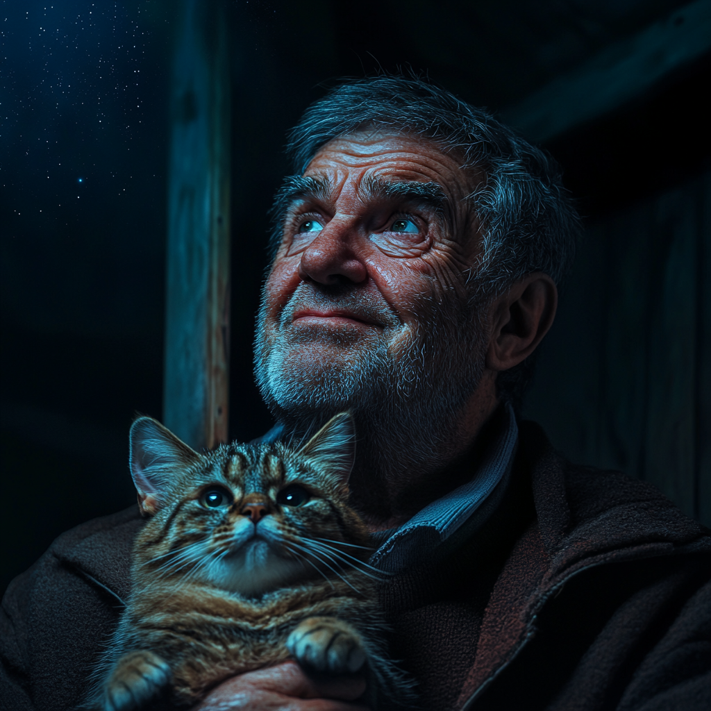 Un anciano desesperado con su gato de mascota en brazos y mirando al cielo estrellado | Fuente: Midjourney