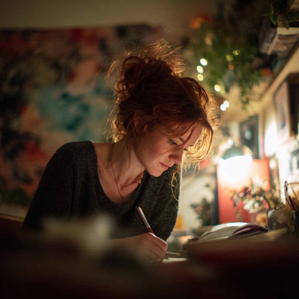 Una mujer escribiendo en un cuaderno | Fuente: Midjourney