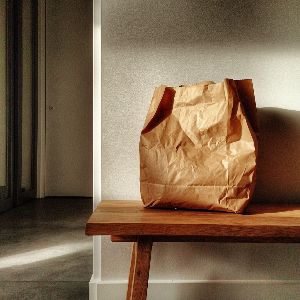 Una bolsa de papel marrón en un banco | Fuente: Midjourney