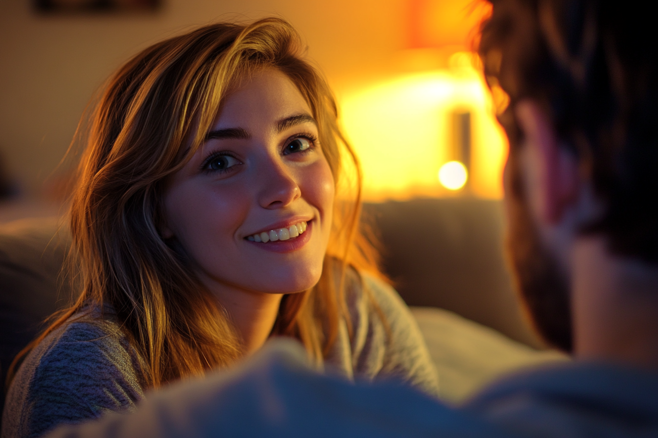 Una mujer sonriente sentada en un sofá con su marido | Fuente: Midjourney