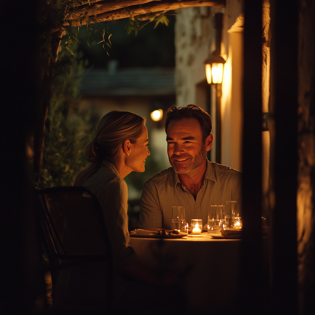 Un hombre y una mujer compartiendo una comida a la luz de las velas | Fuente: Midjourney