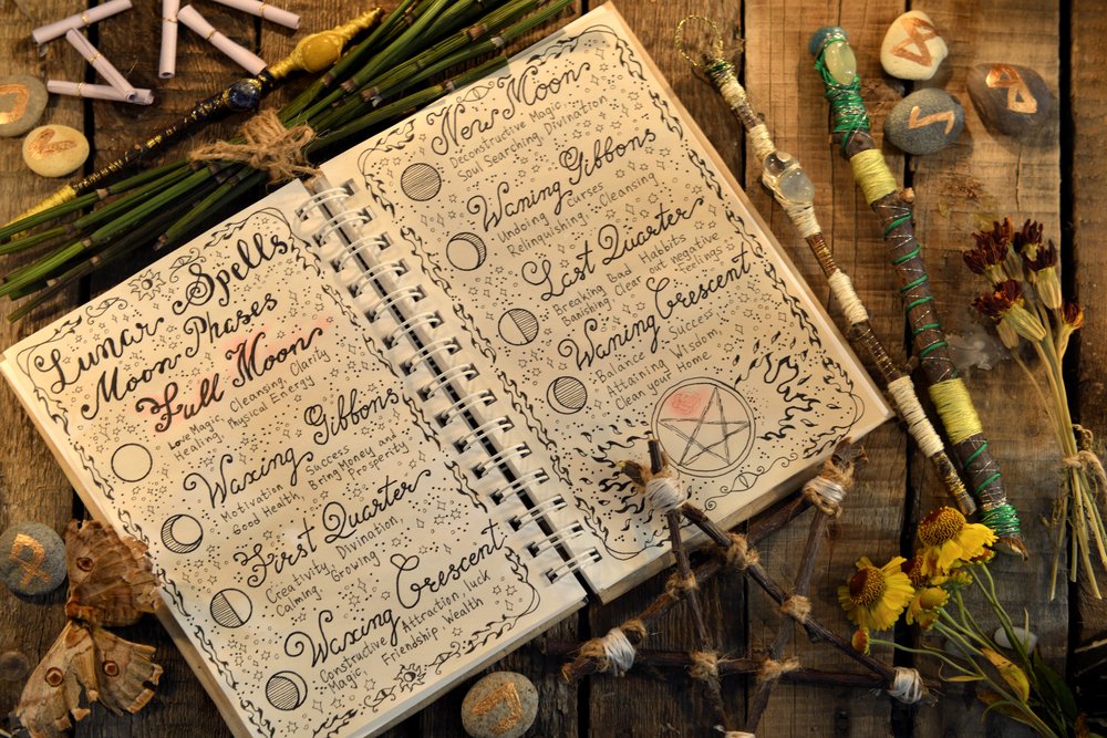 Diario con hechizos lunares, pentagramas y varitas mágicas en una mesa. Shutterstock