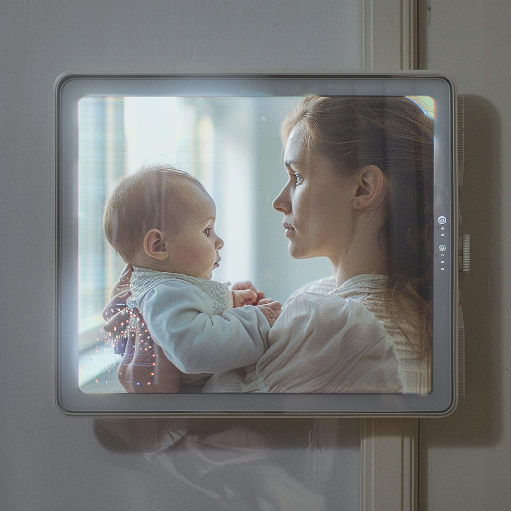Mujer con un bebé en la pantalla del interfono | Fuente: Midjourney