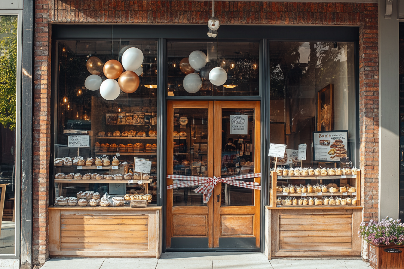 La fachada de una panadería decorada para el día de la inauguración | Fuente: Midjourney