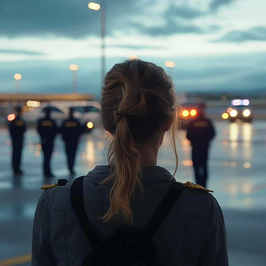 La mujer observa cómo los padres son escoltados por la seguridad del aeropuerto. | Fuente: Midjourney