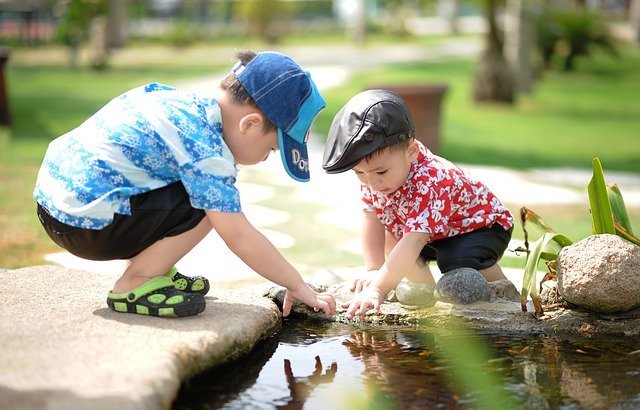 Dos niños juegan cerca de un estanque. |  Foto: Pixabay