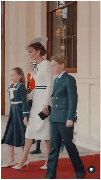 La princesa Charlotte de Gales, Catherine, princesa de Gales, y el príncipe George de Gales asisten a la Trooping the Colour en Londres, Inglaterra, en un vídeo de Instagram fechado el 15 de junio de 2024. | Fuente: Instagram/princeandprincessofwales/