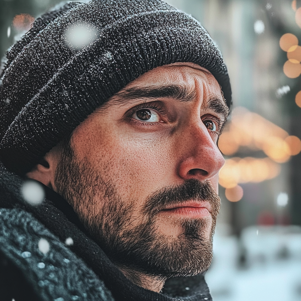 Un hombre triste al aire libre en un día de nieve | Fuente: Midjourney