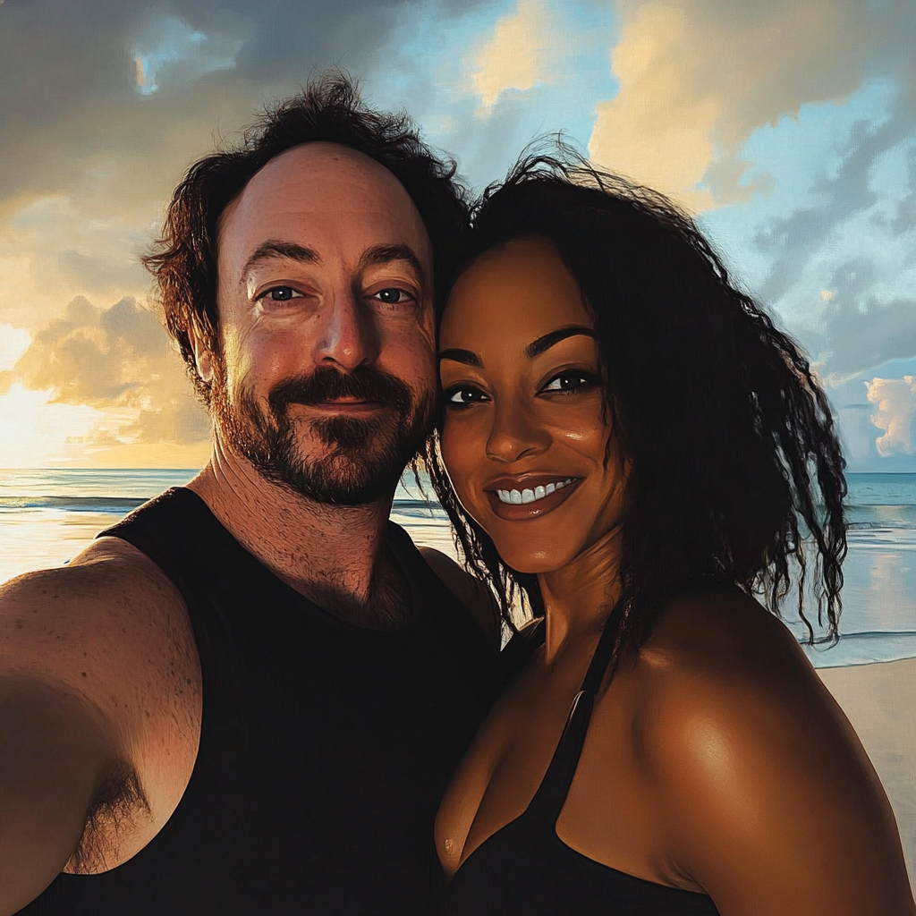 Una pareja tomándose un selfie en la playa | Fuente: Midjourney