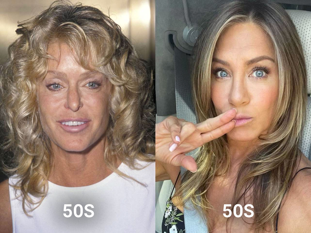 Farrah Fawcett y Jennifer Aniston a los 50 | Fuente: Getty Images | Instagram/jenniferaniston