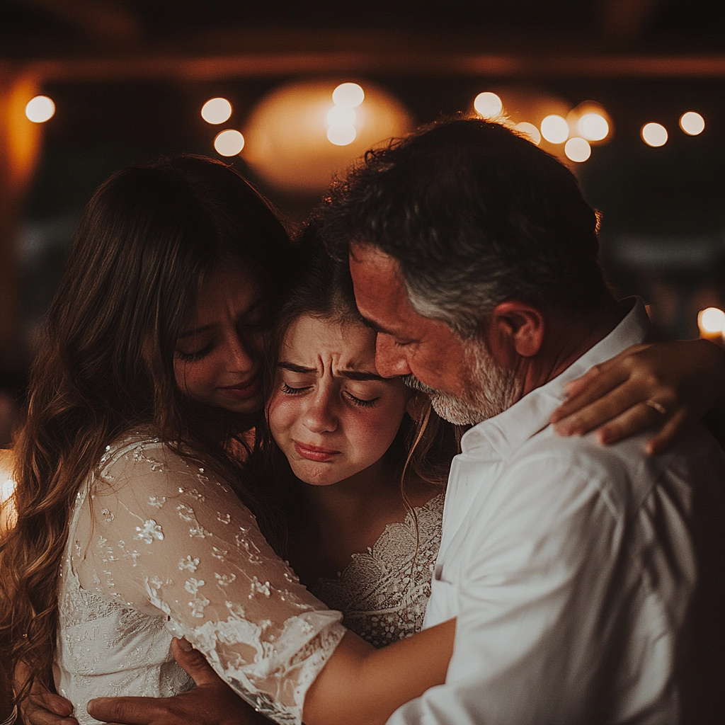 Una niña abrazando a su padre y a su hermana | Fuente: Midjourney