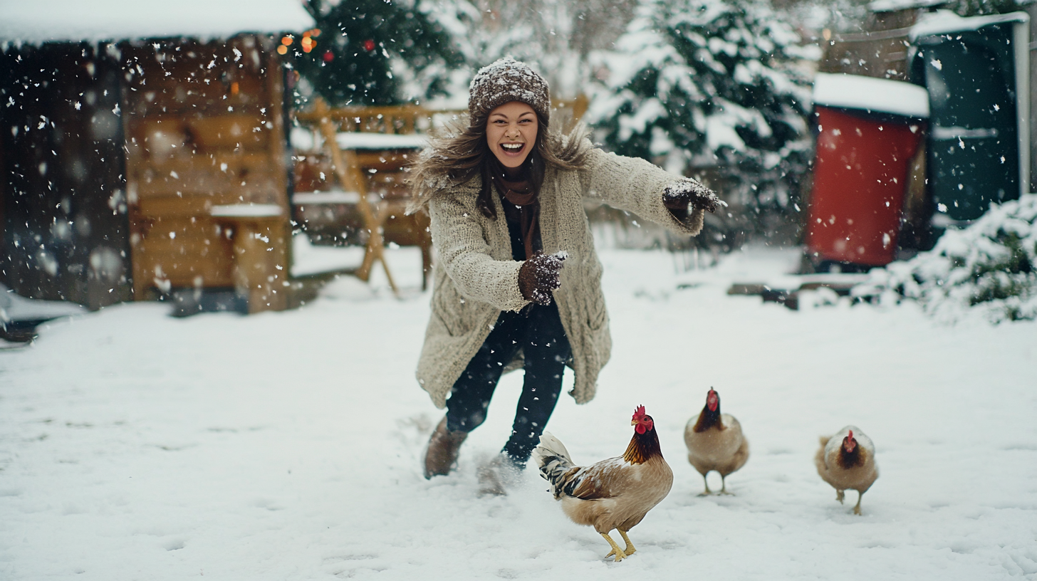 Mujer persiguiendo gallinas | Fuente: Midjourney