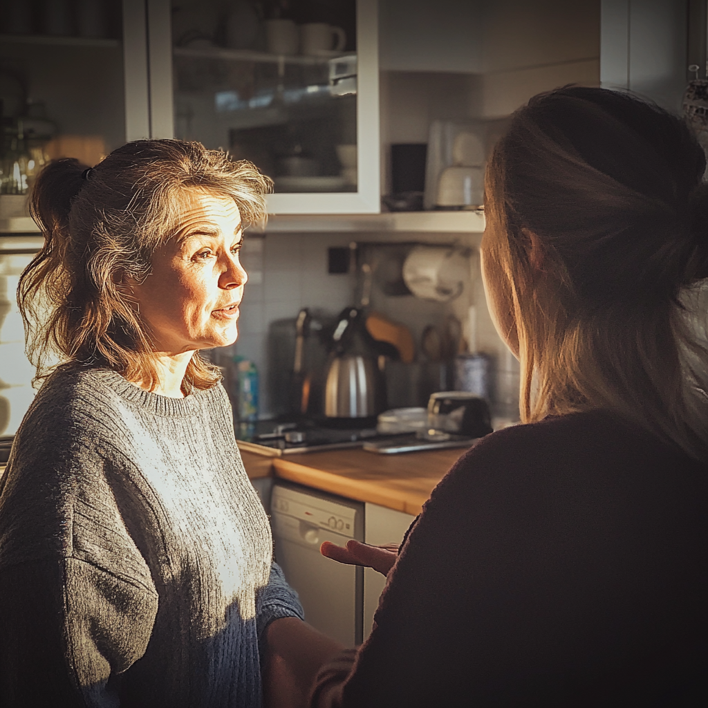 Dos mujeres hablando en una cocina | Fuente: Midjourney