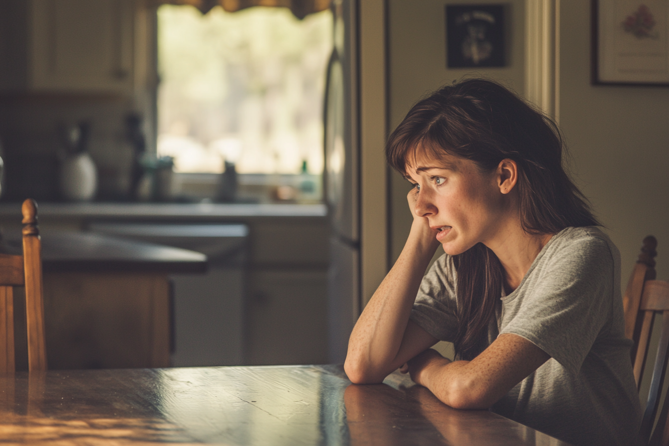 Una mujer triste sentada a la mesa de la cocina | Fuente: Midjourney