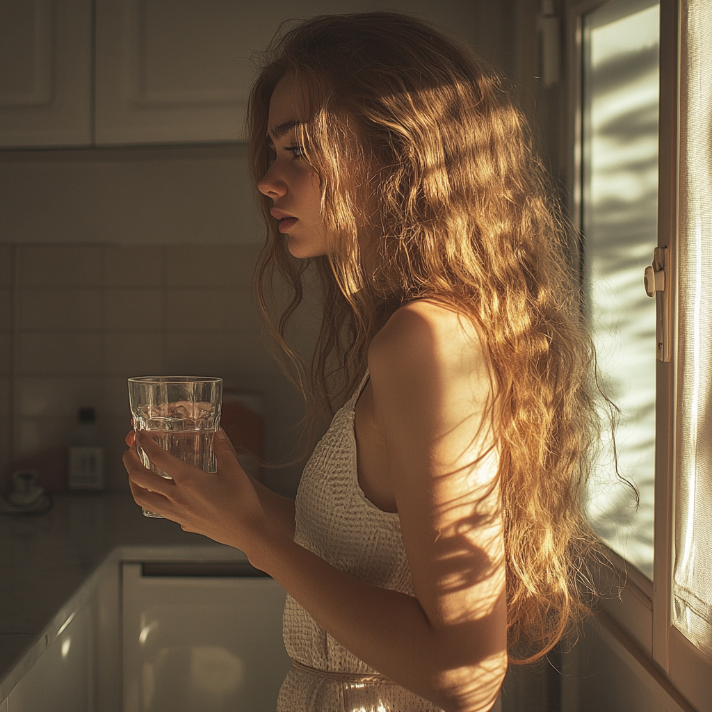 Una mujer nerviosa con un vaso de agua | Fuente: Midjourney