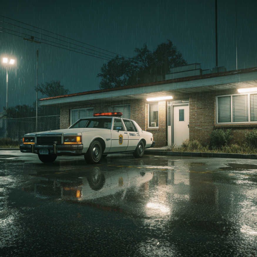 Un Automóvil de Policía ante una comisaría | Fuente: Midjourney