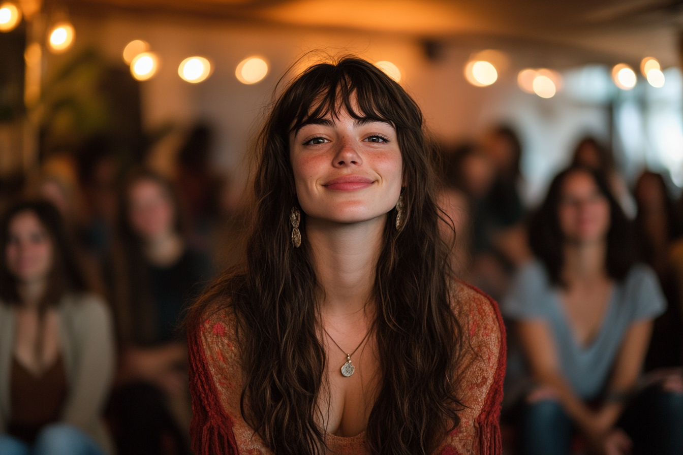 Mujer joven, ligeramente sonriente, sentada, centro de atención | Fuente: Midjourney