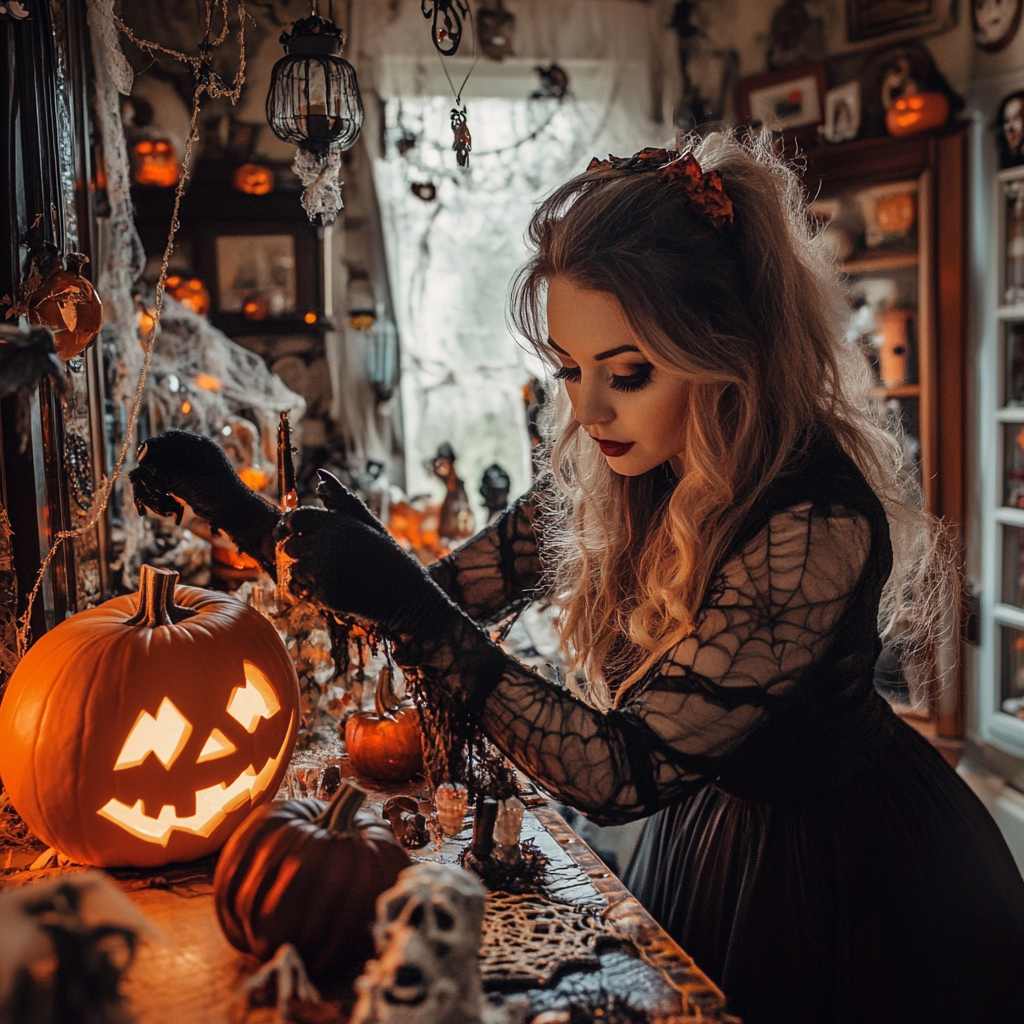 Mujer decorando su casa para Halloween | Fuente: Midjourney