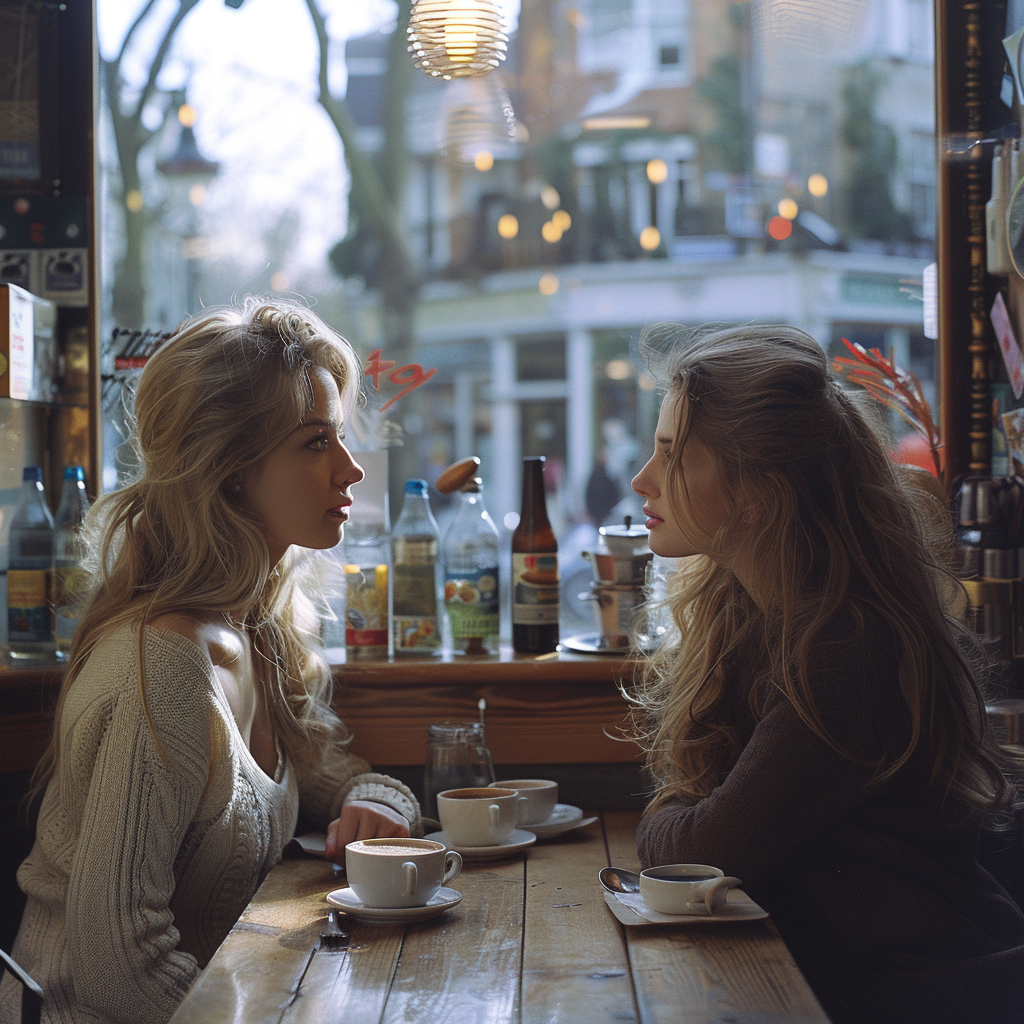 Dos mujeres hablando en un café | Fuente: Midjourney