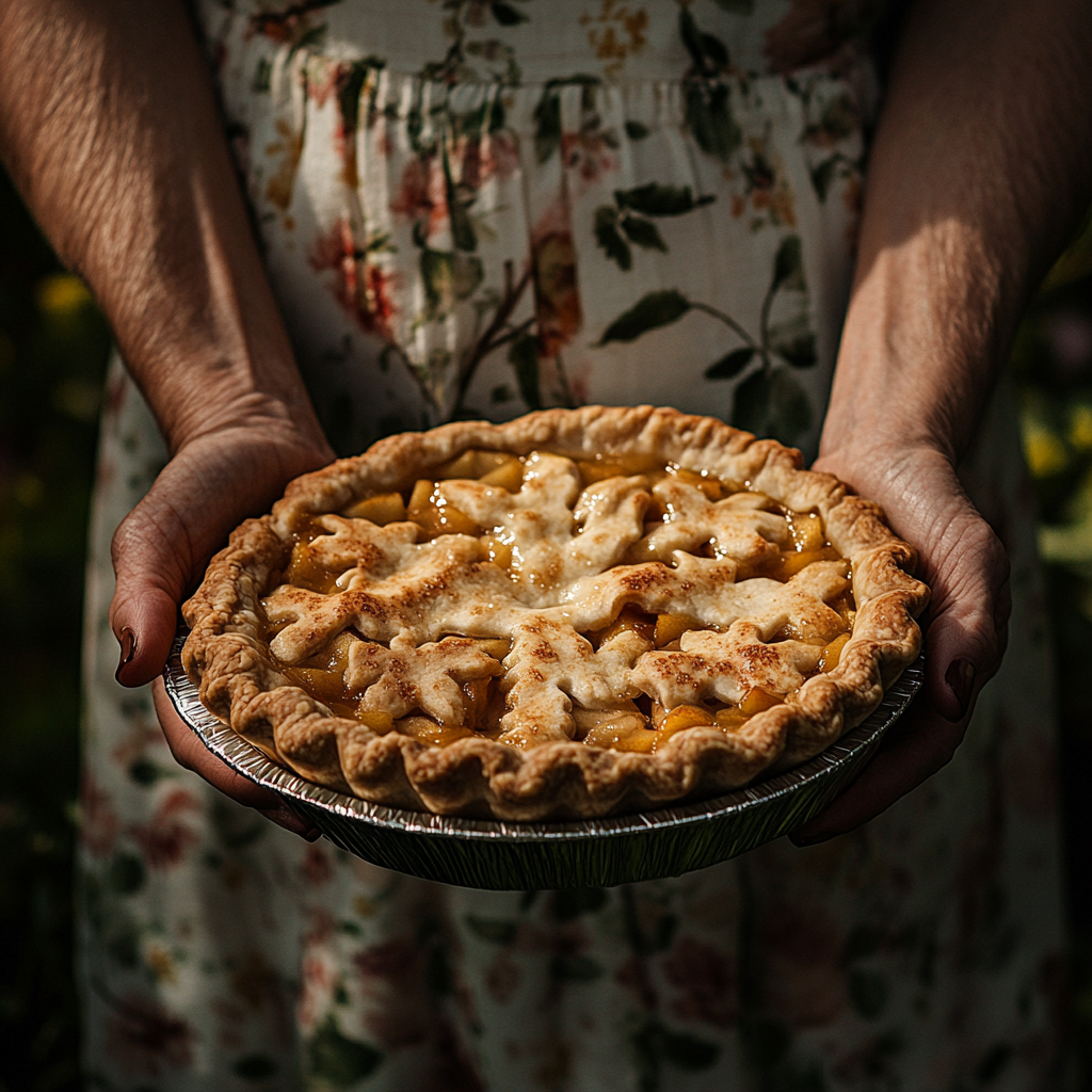 Primer plano de una mujer mayor sosteniendo un plato de tarta de manzana | Fuente: Midjourney