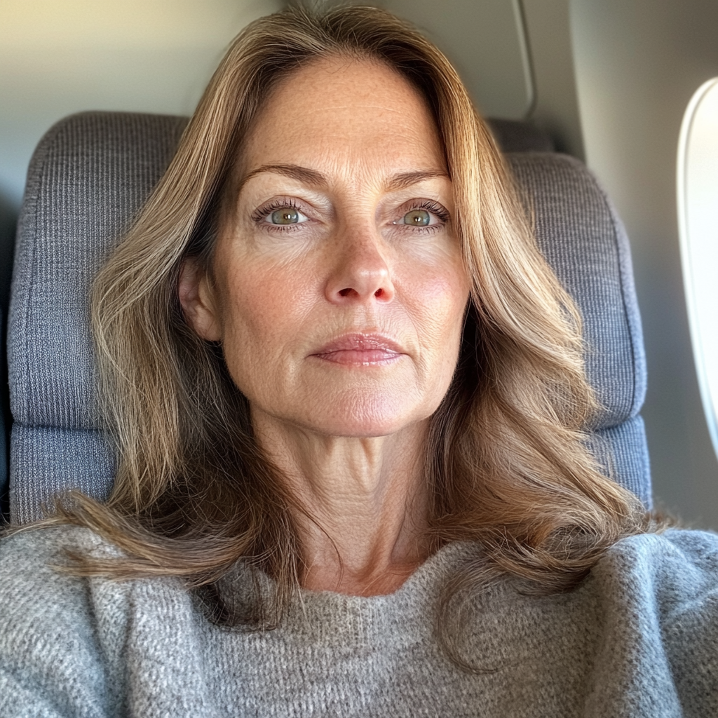 Una mujer aturdida sentada en un avión | Fuente: Midjourney