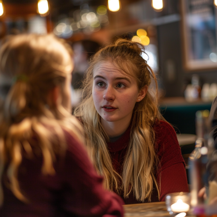 Una mujer hablando con su hermana en un restaurante | Fuente: Midjourney