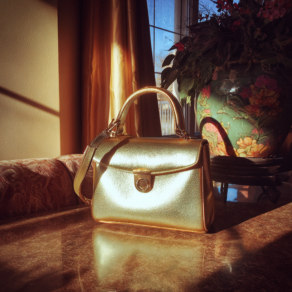 Una borsa d'oro su un tavolo | Fonte: Midjourney