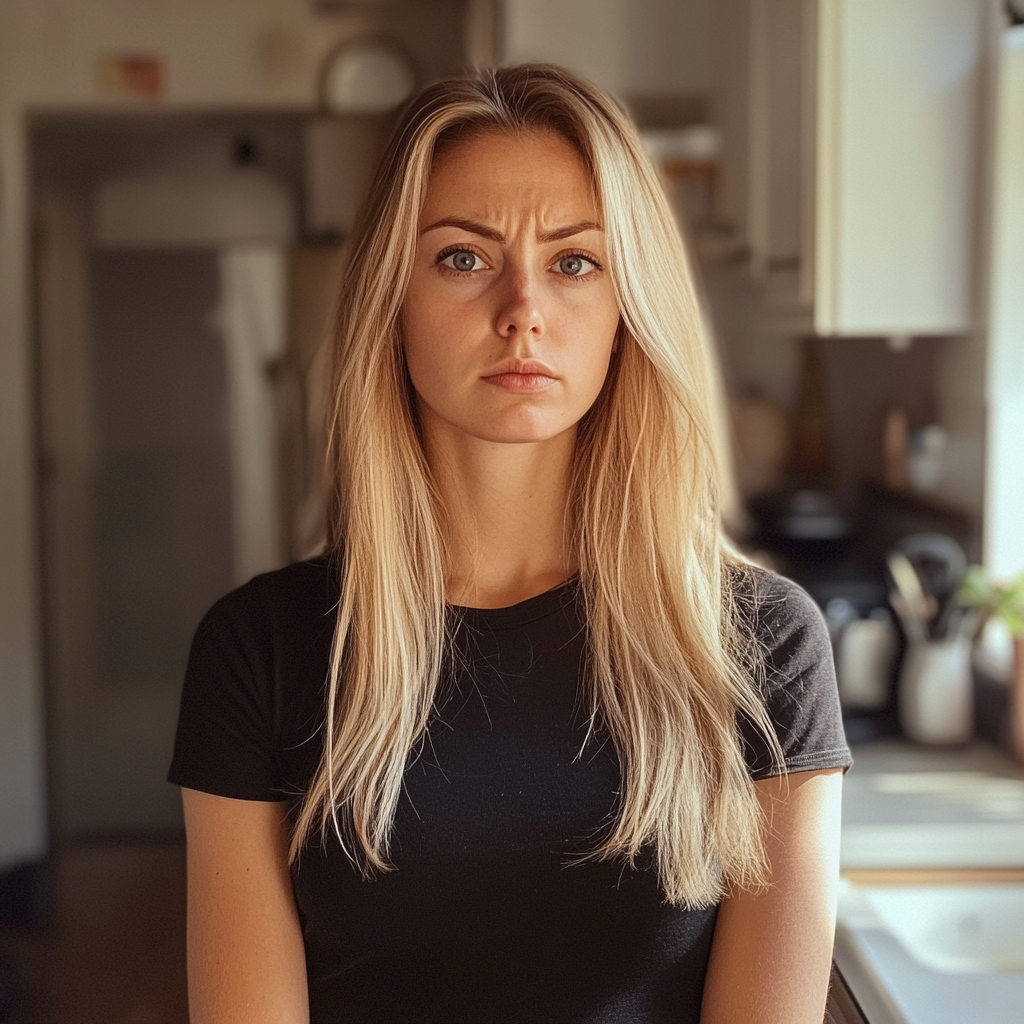 Una mujer ceñuda de pie en una cocina | Fuente: Midjourney