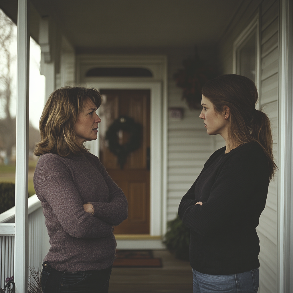 Dos mujeres discutiendo en un porche | Fuente: Midjourney