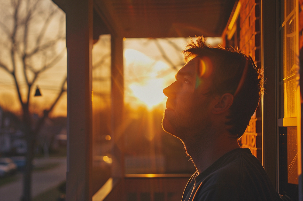 Un hombre sentado en su porche al atardecer | Fuente: Midjourney