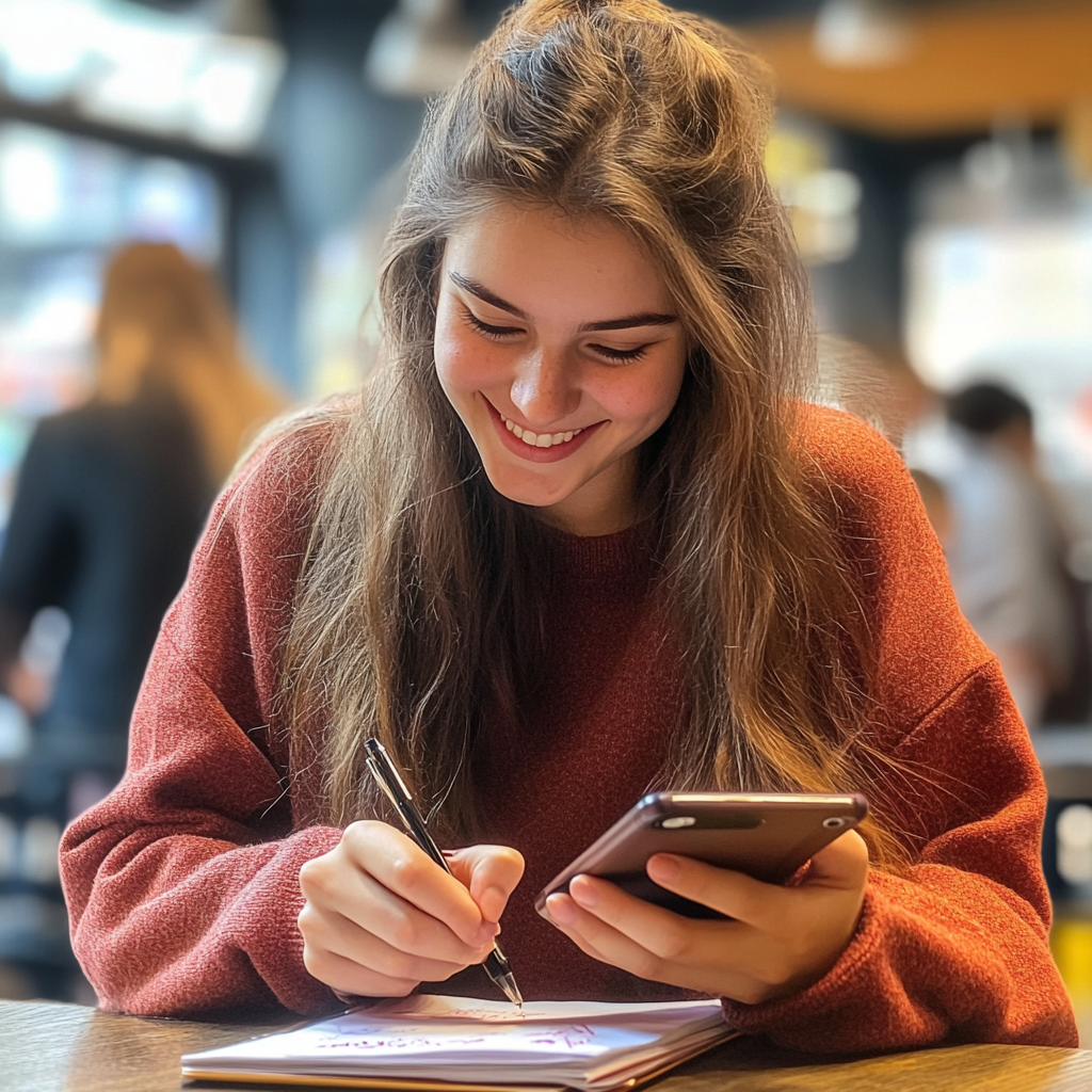 una joven sonriente escribiendo en su diario | Fuente: Midjourney