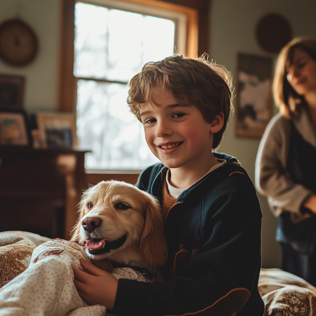 Un niño abrazando a su perro | Fuente: Midjourney