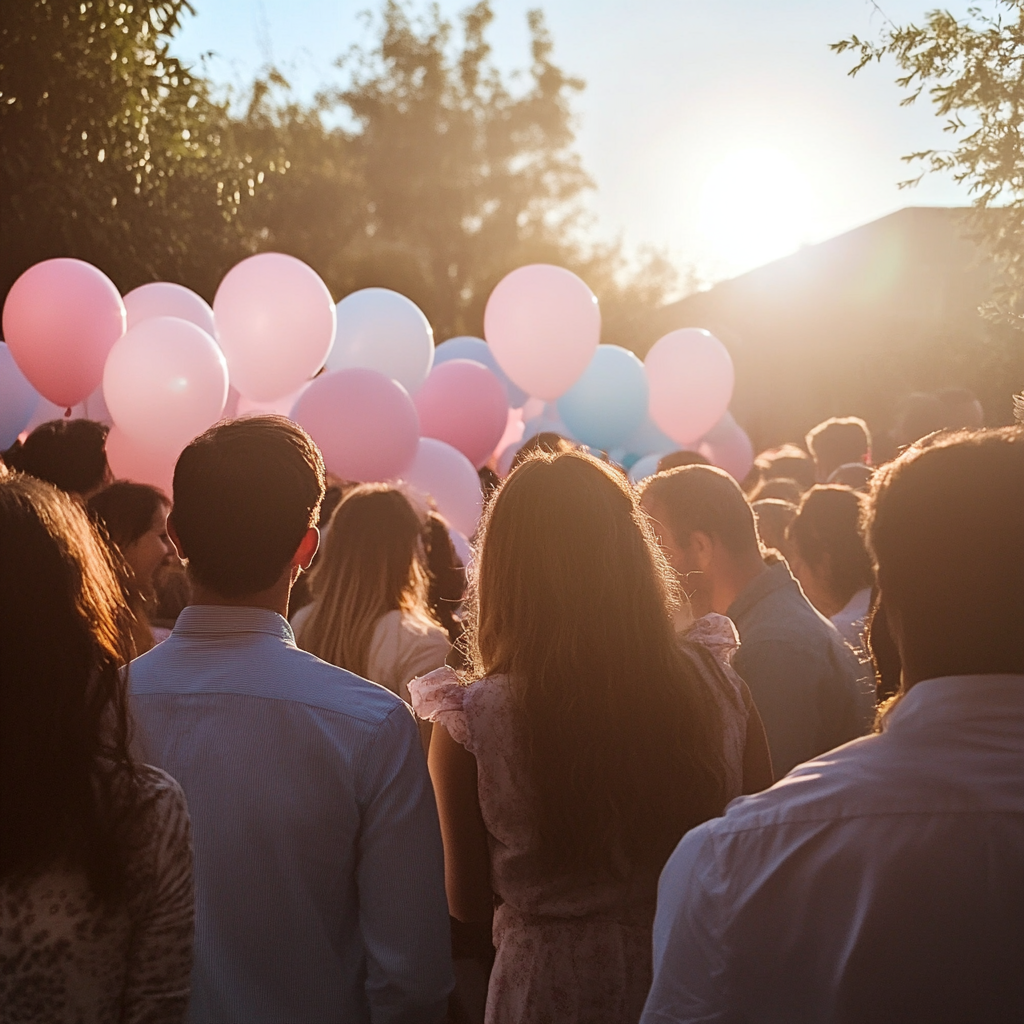 Una multitud de personas en una fiesta de revelación de género | Fuente: Midjourney