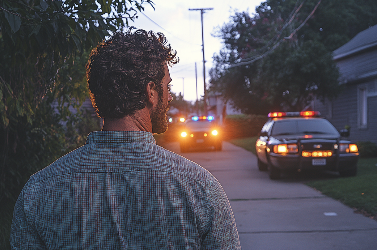 Un hombre observa cómo los agentes de policía se acercan a la casa de un vecino | Fuente: Midjourney