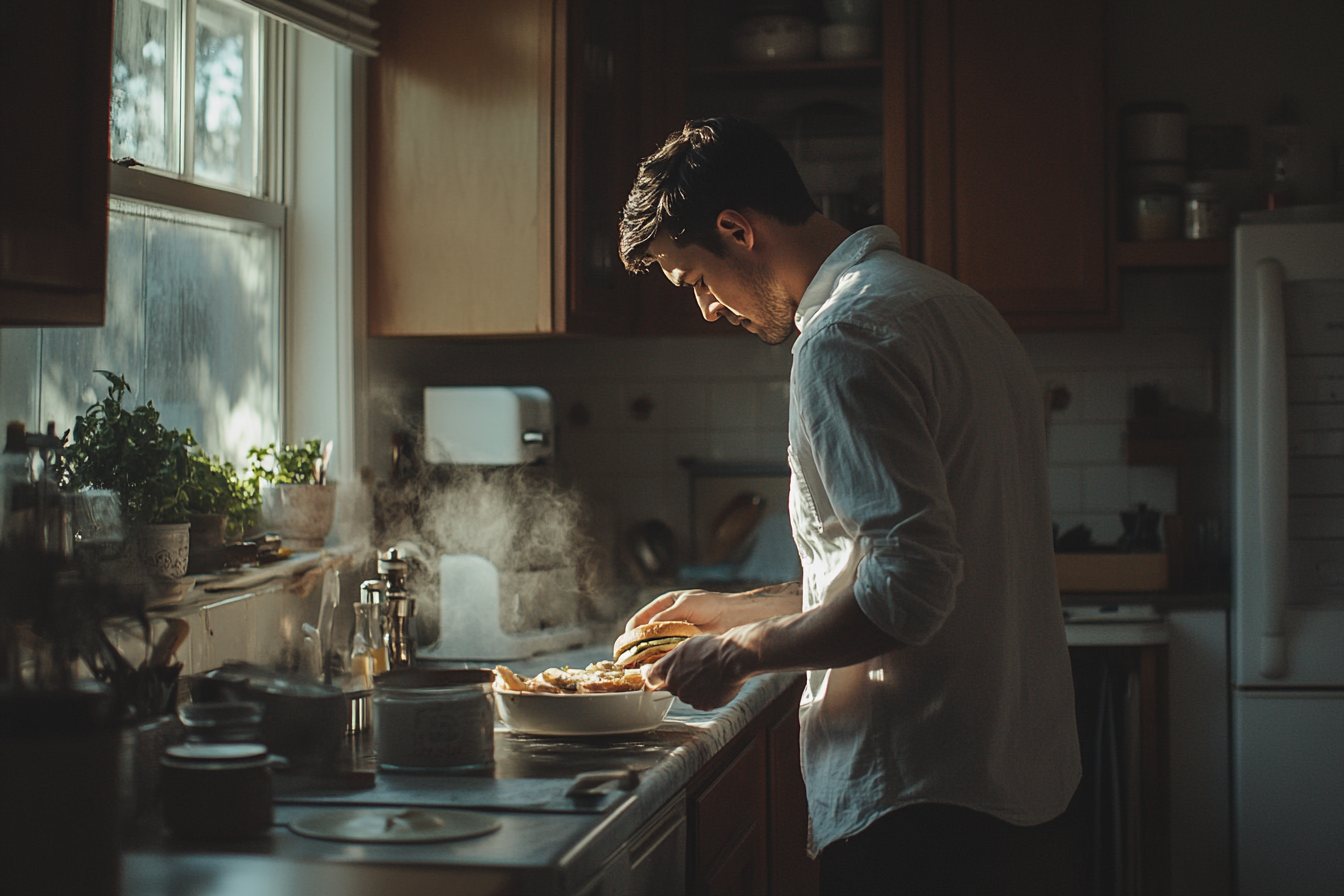 Un hombre de unos 30 años preparando un bocadillo en una cocina | Fuente: Midjourney