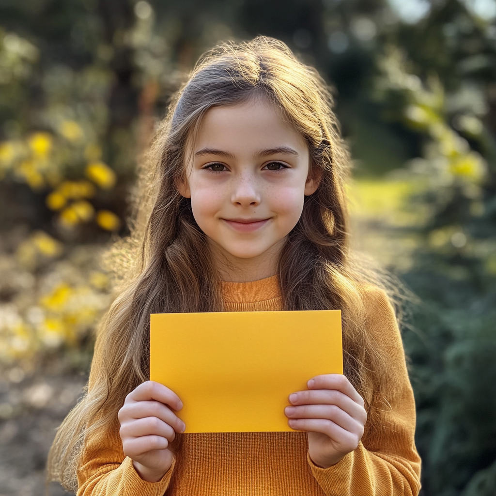 Chica joven con un sobre amarillo en la mano | Fuente: Midjourney