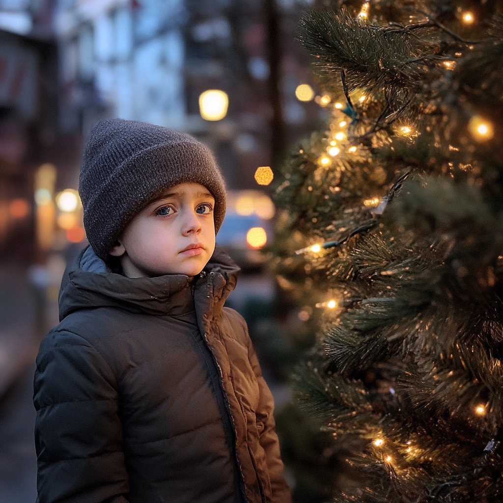 Un niño triste de ojos azules | Fuente: Midjourney